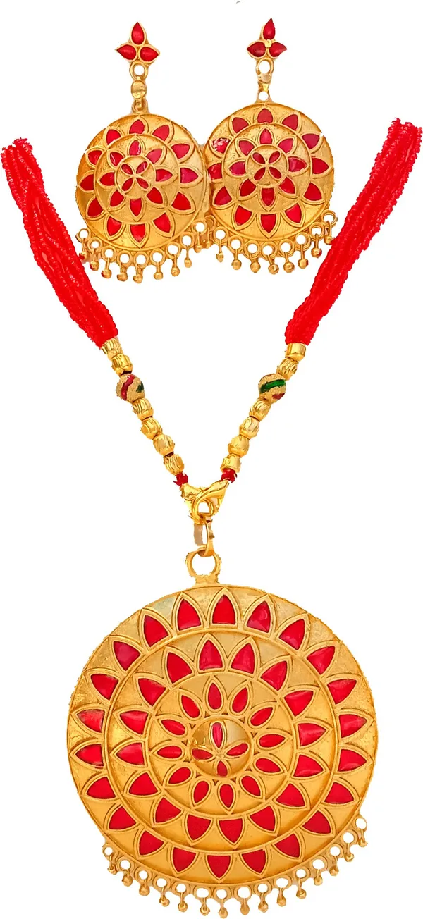 Assamese_Traditional_Gold_Plated_Red_Japi_Tassel_Jewellery_Set_For_Women_&_Girls